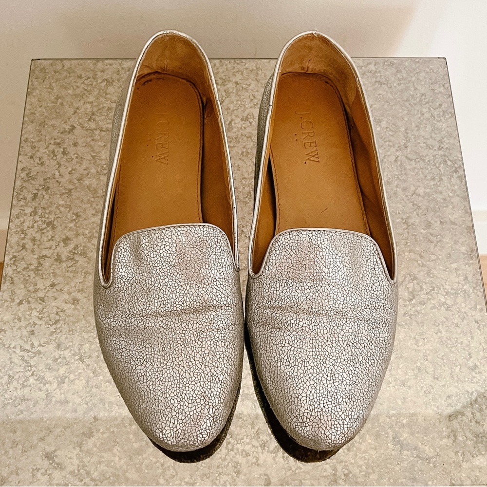 J. Crew Factory smoking slipper, crackled silver faux leather, size 8.5